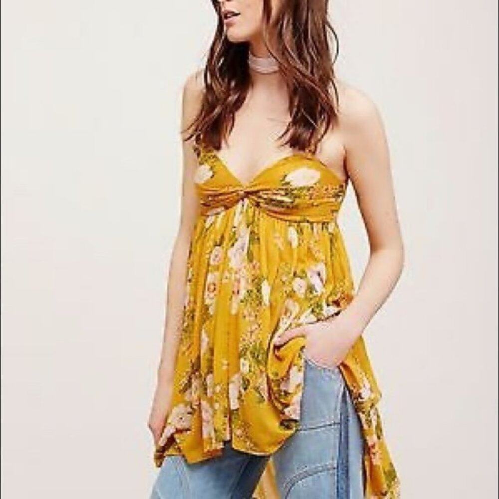 Free People Baby Doll Hi-Low Floral Tunic Boho Mustard Gold Yellow Small
